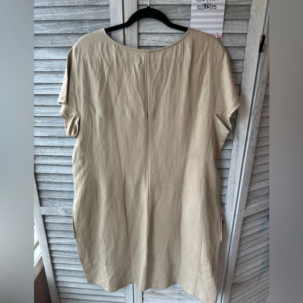 J Jill Silk Linen Shift Boxy Dress, has front patch pockets. Tan Sz L - Picture 5 of 10